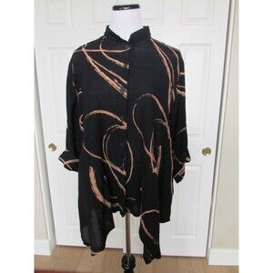 YASUKO Black Peach Lagenlook  Asymmetrical Swirl Cotton Tunic Art to Wear Sz M/L